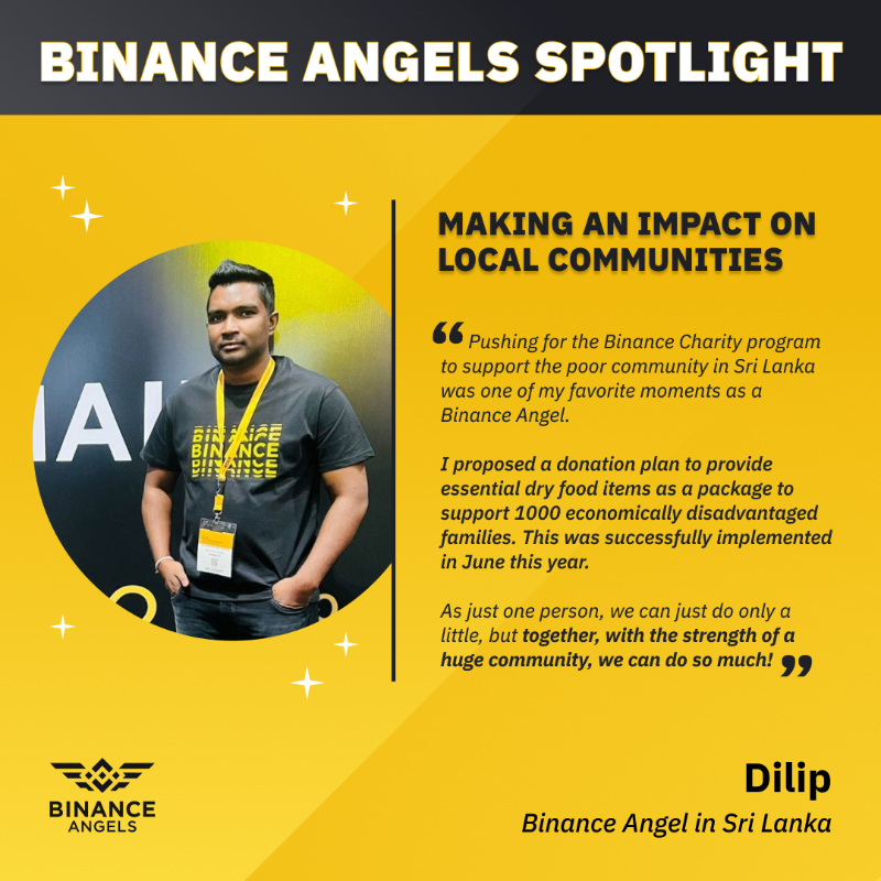 binance's tweet photo. Our @BinanceAngels are #Binance's strongest community builders, and not just in the web 3 space. Check out @dilipishara1990's experience of helping families in Sri Lanka earlier this year.