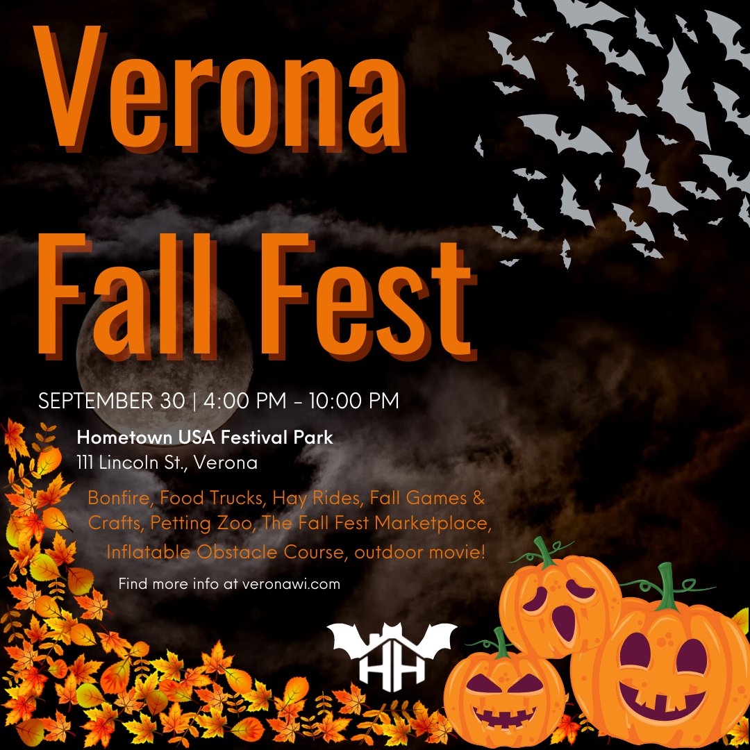 Hansen_HomeTeam's tweet photo. Are you excited for spooky season? Verona is! 🎃🍁

Check out Verona Fall Fest today at Hometown USA Festival Park! From 4 pm - 10 pm enjoy food trucks, hay rides, games, a petting zoo, and end the night with an outdoor movie of The Goonies! 🧟👻 https://t.co/OmKYLbRDAq