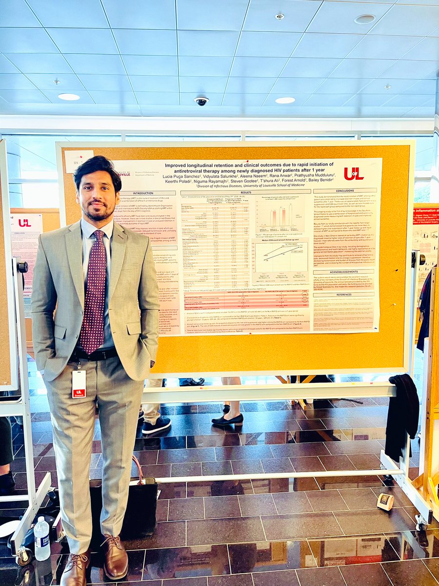 ranausman_MD's tweet photo. Not getting slow in the wait for interviews. 😊
Presented a poster at 'Research! Louisville 2022' titled "Improved longitudinal retention and clinical outcomes due to rapid initiation of antiretroviral therapy among newly diagnosed HIV patients"
#Match2023 #IMfamily #UofL https://t.co/TRP7qYs8V8