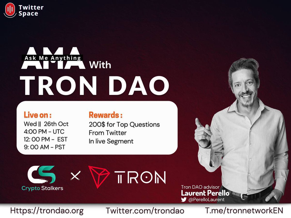 📢 We're thrilled to announce our Twitter Space with Advisor @Trondao @perellolaurent on 26/10 at 4PM UTC.

💰Rewards: $200

📍Venue: x.com/i/spaces/1LyxB… 

〽️Rules:
✅ Follow @StalkersCrypto @TronDao &amp; <a href="/PerelloLaurent/">Laurent Perello</a> 
✅Join and Stay in Space
✅ Like &amp; RT &amp; Mention Friends