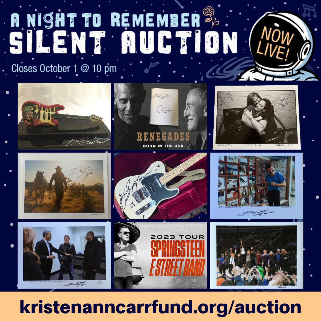 Bid on a signed Telecaster guitar played by Bruce and so many more great items like tickets to *any* show on the 2023 US tour and fantastic autographed photos from <a href="/Danny_Clinch/">Danny Clinch</a> and @PeteSouza, all to benefit <a href="/kacfund/">KristenAnnCarrFund</a>. Bidding closes tomorrow ➡️ kristenanncarrfund.org/auction