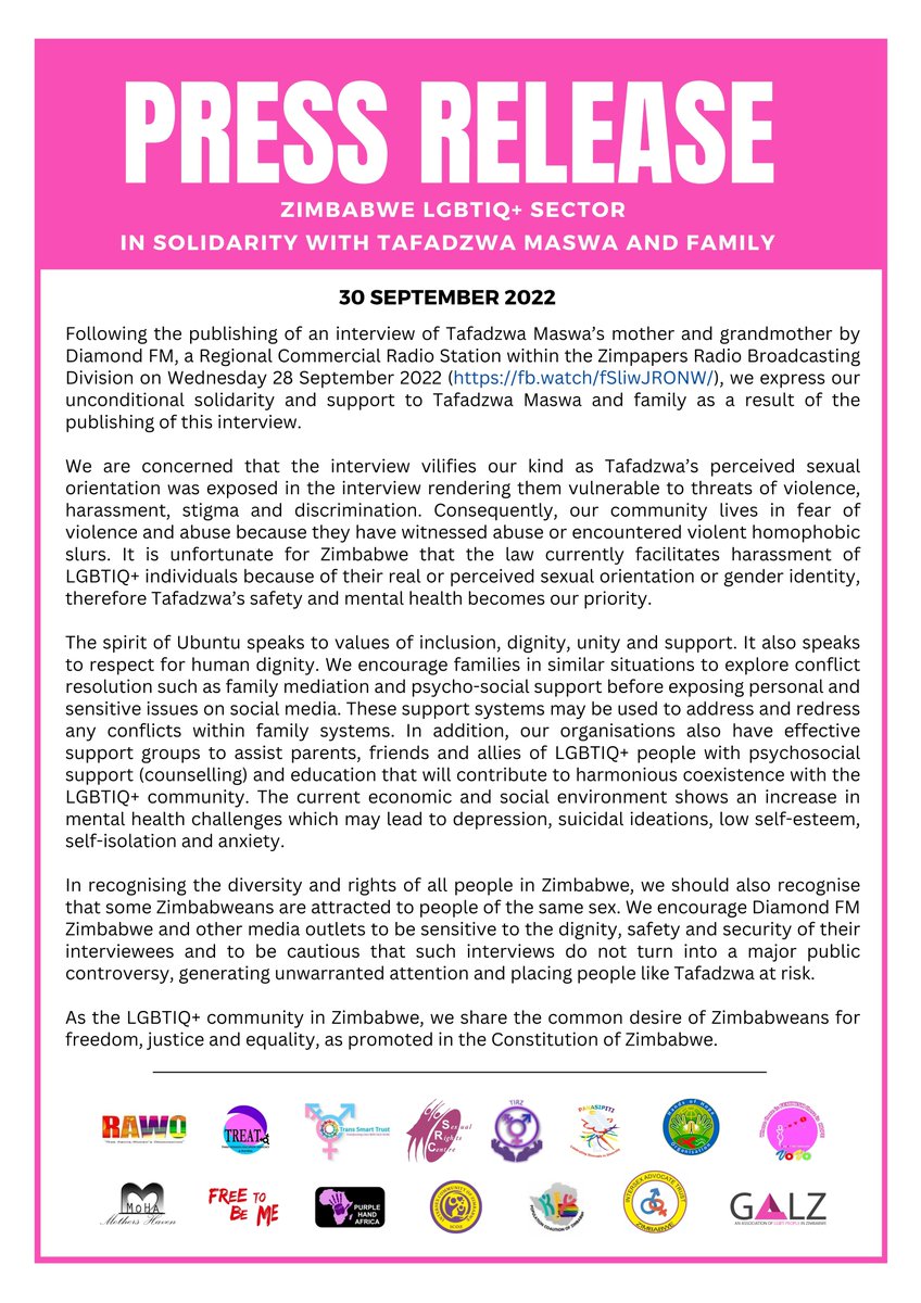 galzinf's tweet photo. Zimbabwe LGBTIQ+ Sector's Press release on Tafadzwa Maswa https://t.co/dIwKfkAnPa