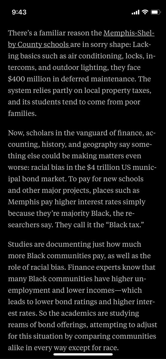 Running through news on other things besides the hurricane. This is super interesting: apple.news/AJdmx-f0ASCWMC… The Municipal Bond market charges higher interest to cities with large Black populations because of historically higher unemployment and lower wages. ie: piling on.