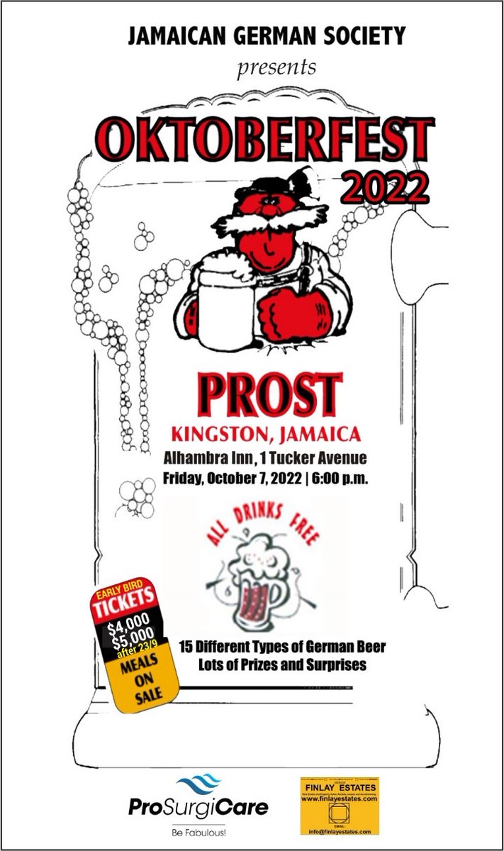 Don't miss out, Oktoberfest returns to Jamaica next Friday, October 7!
 
For tickets, please call (876) 925-1052 - Monday, Wednesday &amp; Friday, 10 a.m. to 3 p.m.

OR, send an email to jamger@cwjamaica.com.