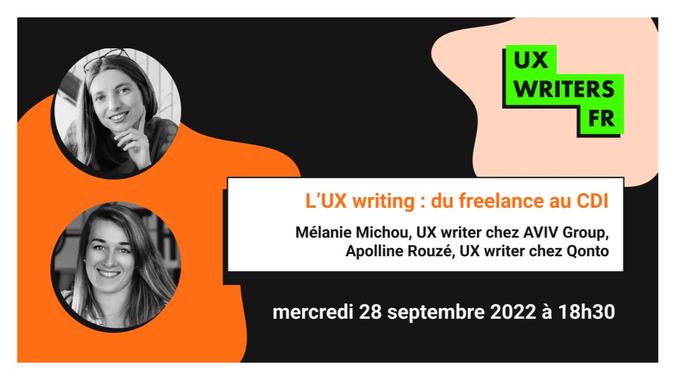 L’enregistrement de notre évènement « L’UX Writing, du freelance au CDI » avec <a href="/michoumelanie/">Mélanie Michou</a> et <a href="/apollineRz/">Apolline Rouzé</a> est disponible sur notre chaine YouTube.
youtu.be/DQEsAUlYv7w Bonne journée