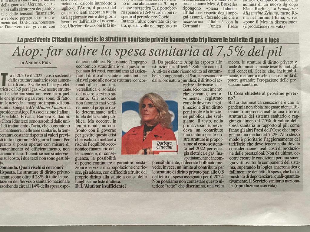 Aiop (@aioptweet) on Twitter photo Le risorse stanziate con il #DlAiutiter sono insufficienti. Il limite pari allo 0,8 del tetto di spesa assegnato per il 2022 penalizza le strutture di diritto privato del Ssn. Così la Presidente nazionale di #Aiop Barbara Cittadini su <a href="/MilanoFinanza/">MilanoFinanza</a> di oggi. Le risorse stanziate con il #DlAiutiter sono insufficienti. Il limite pari allo 0,8 del tetto di spesa assegnato per il 2022 penalizza le strutture di diritto privato del Ssn. Così la Presidente nazionale di #Aiop Barbara Cittadini su <a href="/MilanoFinanza/">MilanoFinanza</a> di oggi.