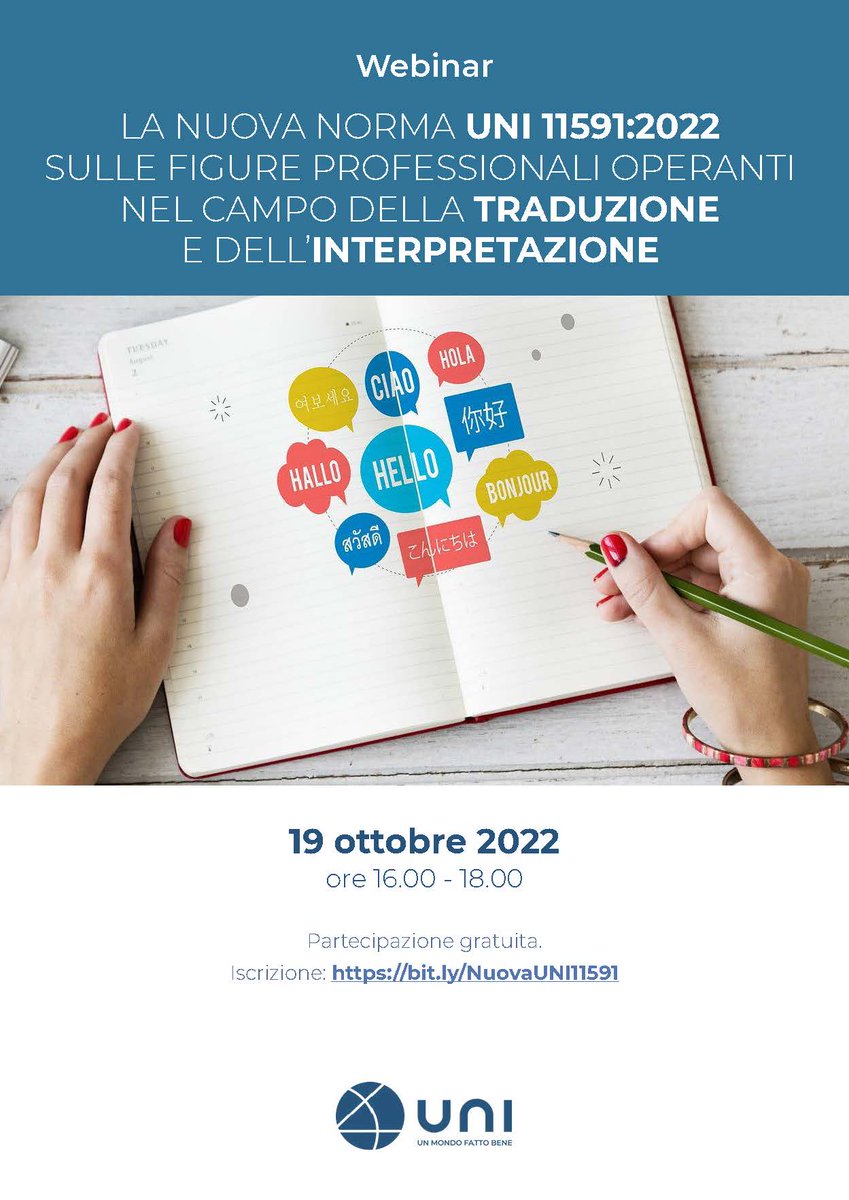 <a href="/unioncamere/">Unioncamere</a> <a href="/PID_CamCom/">Punto Impresa Digitale</a> 
Appuntamento il prossimo 19/10 con il webinar di approfondimento sulla nuova edizione della #UNI11591 dedicata a #traduttori e #interpreti Approfondisci qui tinyurl.com/bdx7fcf3 <a href="/Sabina_Fata/">Sabina Fata</a>
@loliva08 <a href="/interpretiaiic/">AIIC Italia</a> <a href="/LuisaCotta/">Luisa Cotta Ramusino</a> <a href="/Help_Traduzioni/">Help Traduzioni</a>