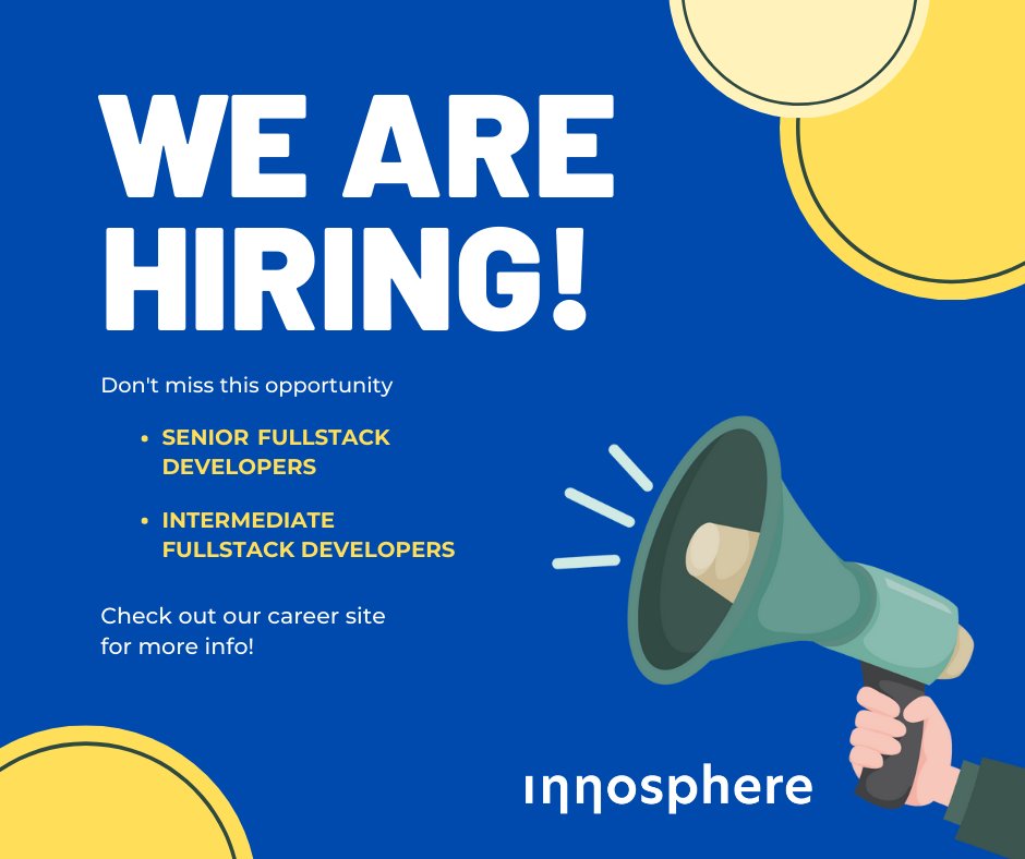 InnosphereSDG's tweet image. ⭐Hiring Alert⭐ We are looking for Intermediate and Senior Full Stack Developers to join our team💻! Visit our careers site for more information! innosphere.zohorecruit.com/jobs/Careers #innosphere #fullstackdevs #innor #hiringnow