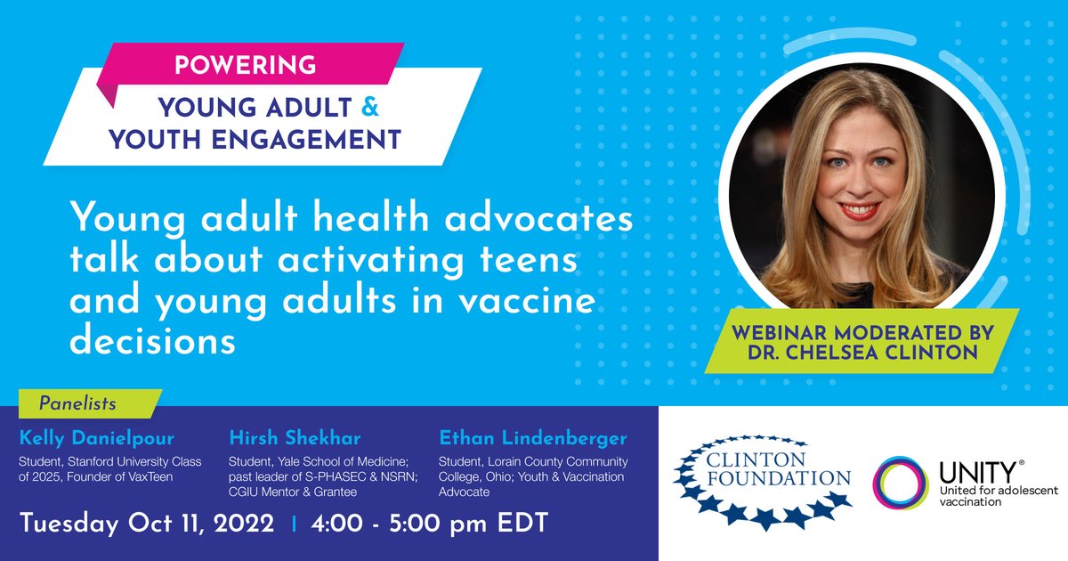 Hear real-life advice and perspectives from #YouthHealth advocates Hirsh Shekhar, <a href="/kellydanielpour/">Kelly Danielpour</a>, and <a href="/j_lindenberger/">Ethan Joseph Lindenberger</a> on the importance of youth #vaccination. Hosted by <a href="/ChelseaClinton/">Chelsea Clinton</a>.  

Register now: rpb.li/Cio

#DontWaitVaccinate <a href="/ClintonFdn/">Clinton Foundation</a>