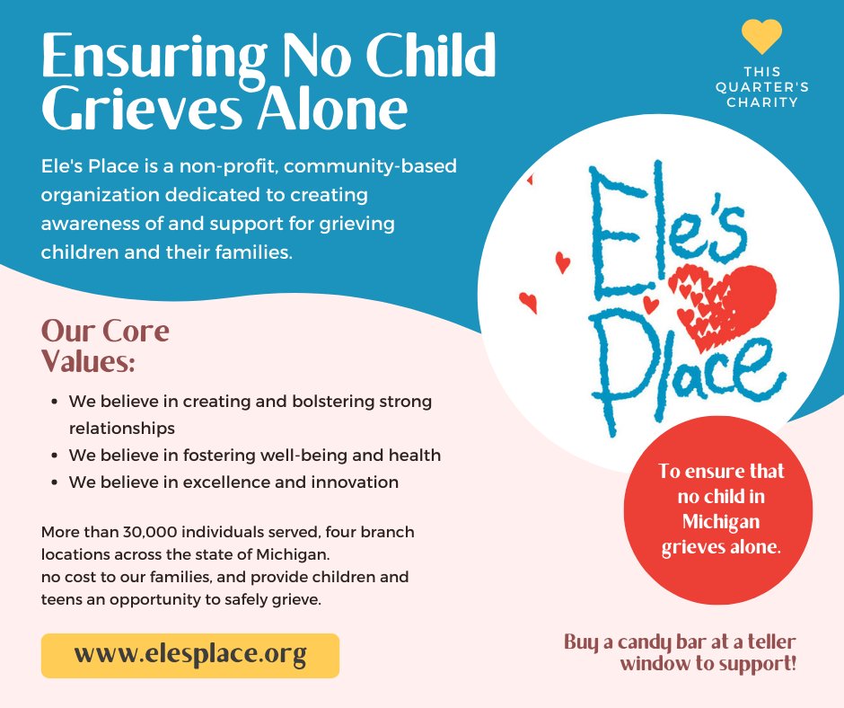 This Quarter we are supporting Ele's Place. Every Friday our staff wears jeans and donates money to support a cause of their choosing. We are so happy that we get to support such a wonderful charity. Buy a candy bar in our lobby, or visit elesplace.org to donate.