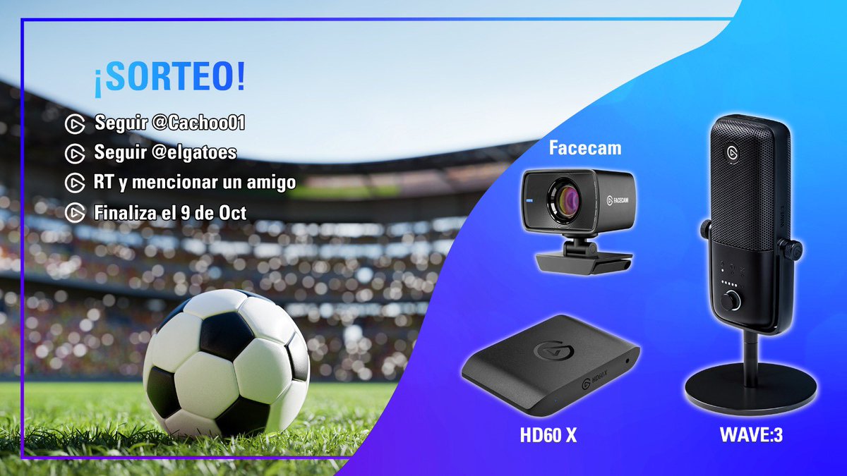 📣 SORTEAZO!!!! 📣

Junto a los amigos de <a href="/elgatoES/">Elgato ES - LATAM</a> vamos a sortear un pack para hacer Stream brutal!!!

Para participar: 
-Sigue a <a href="/cachoo01/">Cacho01</a> 
-Sigue a <a href="/elgatoES/">Elgato ES - LATAM</a> 
-RT y menciona a un amigo!

El ganador será anunciado el 9 de Octubre!

Mucha suerte!!🍀