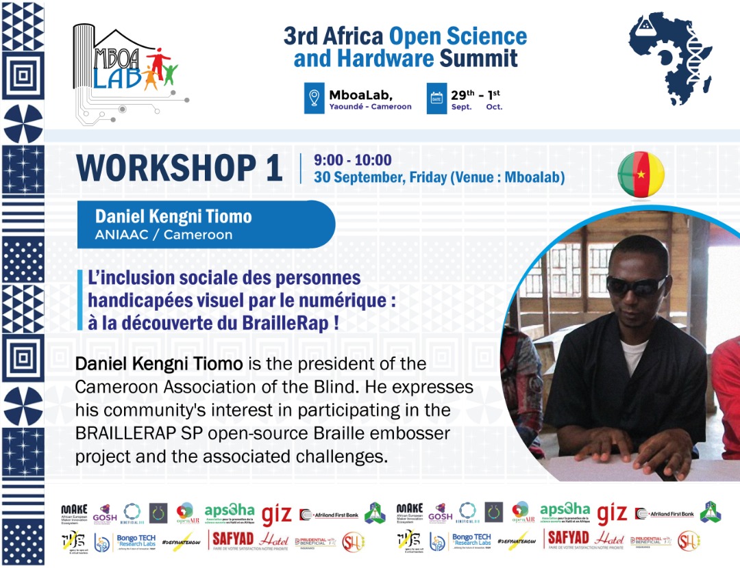 CC_lab_team's tweet photo. Très heureux de savoir que Daniel Kengni donne le workshop #braillerap #cameroun sur #africaosh #yaounde de jour. Nous sommes fiers d'avoir réalisé ce projet avec nos partenaires ! cc @MyHumanKit @Fondation_OCM @ActivSpaces @AIMFrancophones  merci @DigaMathieu pour les photos ! https://t.co/2kwDpvNmdh