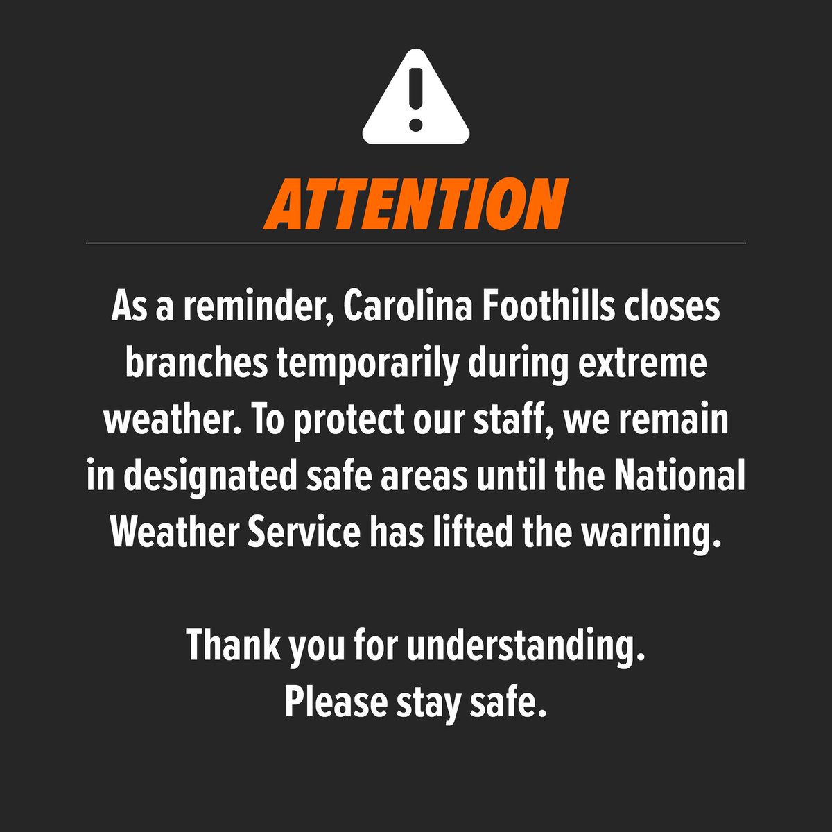 CFFCU's tweet photo. While none of our branches are currently closed, with the bad weather rolling into town, this is a reminder that when the National Weather Service issues a warning, we temporarily close the affected branches until the warning has been lifted. https://t.co/UB5Hxi0Bxu