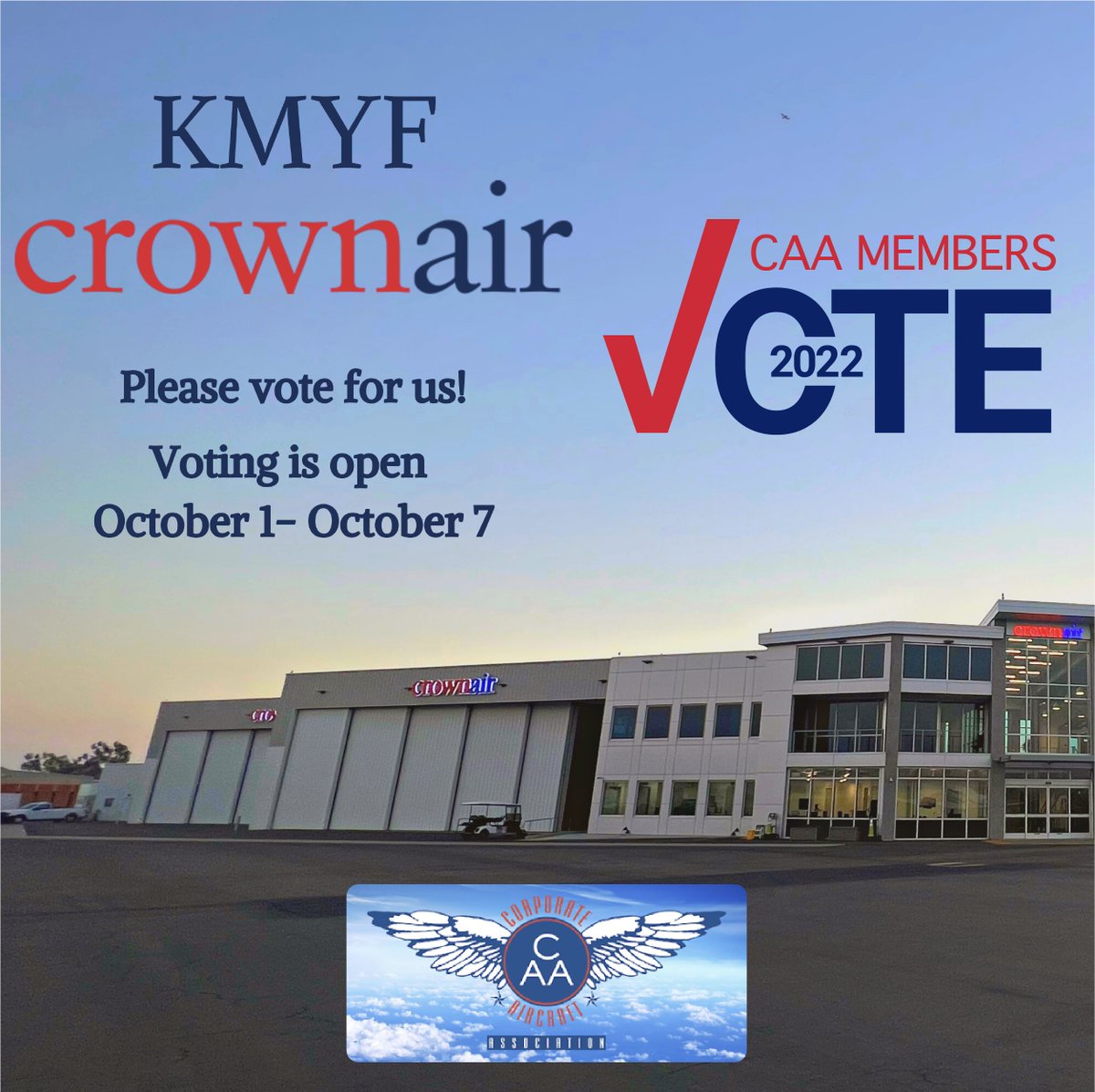 Are you a Corporate Aircraft Association voting member? Don't forget to vote for @Crownairaviation! CrownAir serves as San Diego’s most reputable privately owned FBO. Voting will take place October 1-7, 2022 through a direct email link or by using the CAA app. #VoteCrownAir #CAA