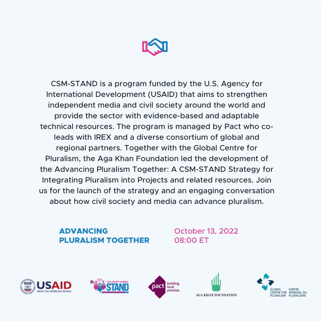AKF_USA's tweet photo. Together with #GlobalPluralism &amp; funding from @USAID, AKF has developed a technical strategy on advancing #pluralism. Join #CSMSTAND for an Advancing Pluralism webinar! 

Learn more in our webinar with @PactWorld to hear from the experts. 

Register  https://t.co/PxlXHaEkVt https://t.co/q8EQcOPBnk