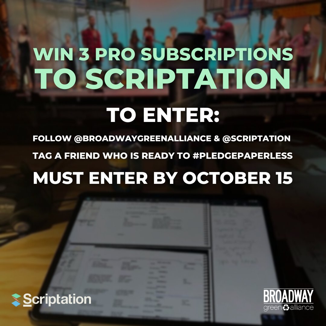 The Broadway Green Alliance (@broadwaygreen) on Twitter photo Scriptation (<a href="/scriptation/">Scriptation</a>) is a must-have script reading & annotating app for going paperless as theatremakers at any level. We have partnered up with Scriptation to offer A FREE PRO SUBSCRIPTION to THREE LUCKY FOLLOWERS! Go to our Instagram (link in our bio) to enter 💚 Scriptation (<a href="/scriptation/">Scriptation</a>) is a must-have script reading & annotating app for going paperless as theatremakers at any level. We have partnered up with Scriptation to offer A FREE PRO SUBSCRIPTION to THREE LUCKY FOLLOWERS! Go to our Instagram (link in our bio) to enter 💚