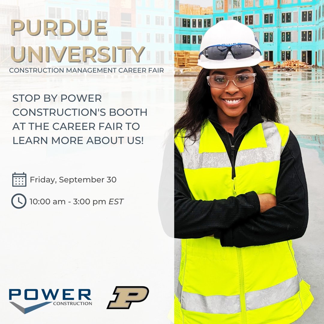 Boiler up! We'll see you today on campus! Stop by the career fair and learn more about #careersinconstruction  #Poweryourcareer #GrowwithPower #internship #recruiting #BoilerUp #Purdue @PurdueCEM <a href="/LifeAtPurdue/">Purdue University</a>
