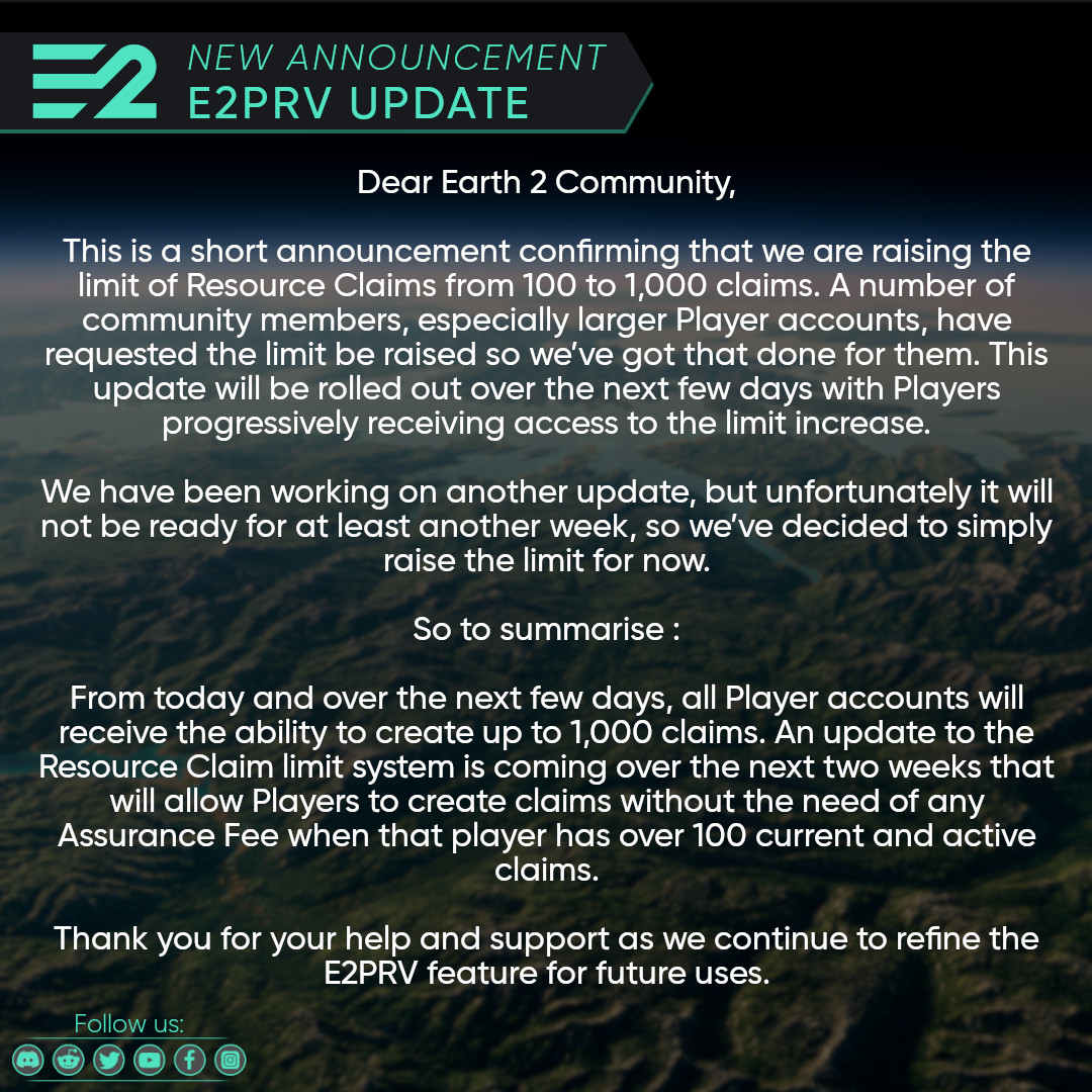 earth2io's tweet photo. Player Resource Validation Claims Limit to Rise!

Please read the attached announcement for more details.

We thank you for your help and support as we continue to refine the E2PRV feature for future uses! https://t.co/juvsFZ9jD0
