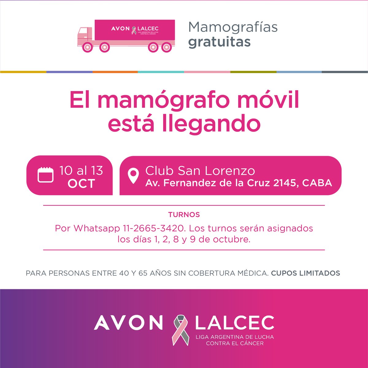 LalcecArgentina's tweet photo. ATENCIÓN 𝗖𝗔𝗕𝗔, está llegando el mamógrafo móvil 📢⁣
⁣
Junto a @FundacionAvon  estaremos realizando mamografías gratuitas para personas sin cobertura médica entre 40 y 65 años en el #MóvilAVONLALCEC 🙌⁣⁣⁣⁣. https://t.co/CnPvZKP02R