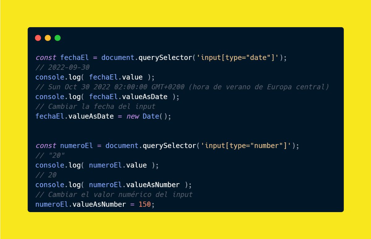 _dlopezcast's tweet photo. #WebDevTip30
En JavaScript, la propiedad **value** devuelve siempre una cadena (string).

Pero, ¿conoces las propiedades **valueAsNumber** y **valueAsDate**?
✅ Permiten obtener directamente un objeto tipo número y tipo Date respectivamente
✅ Funcionan bidireccionalmente https://t.co/rtgrMwjzwG