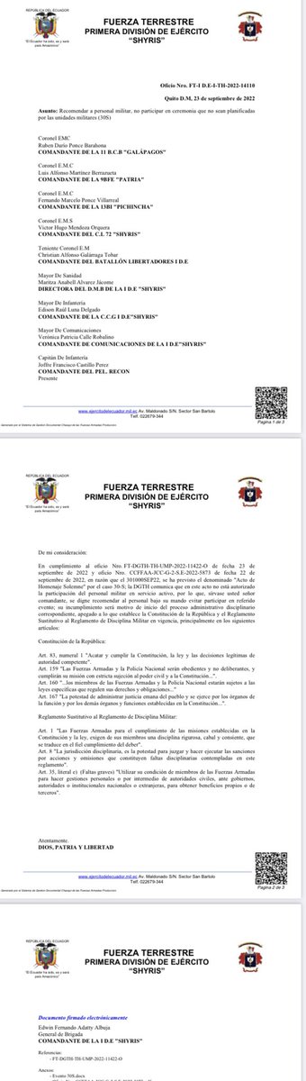 ecuainm_oficial's tweet photo. ‼️#URGENTE 
Altos mandos de @FFAAECUADOR y Ministro de Defensa, Luis Lara, señalan que no participarán en el homenaje póstumo a los militares fallecidos el 30-S. En el oficio también prohíben asistir al personal militar. https://t.co/mdYGj9U54V