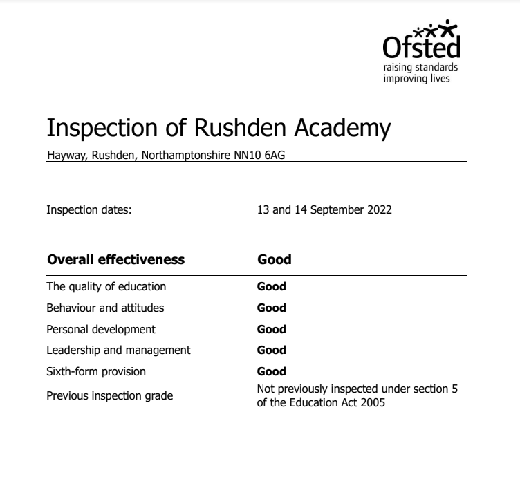 rushden_academy's tweet photo. It is with great pleasure that we can now finally announce that Rushden Academy is officially a 'Good' school in all five areas. #TeamRushden https://t.co/Cb3CTeyIY6