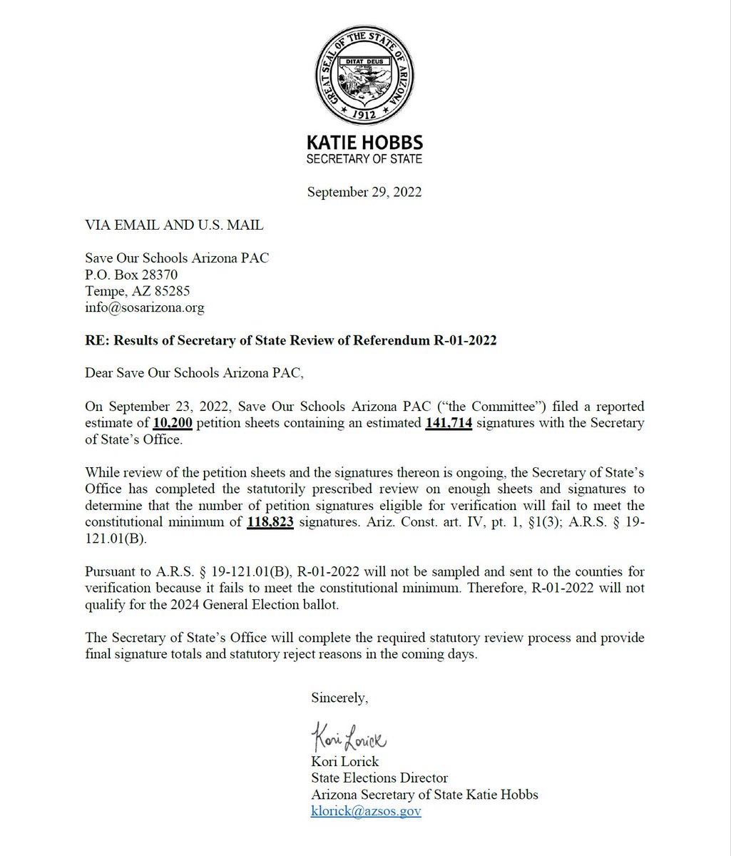 GovernorHobbs's tweet photo. We have informed the SOS committee that the referendum will not qualify for the 2024 General Election Ballot. While the statutorily required review continues, our office has inspected enough petitions & signatures to confirm that the 118,823 signature minimum will not be met. https://t.co/UVydtBH5oi