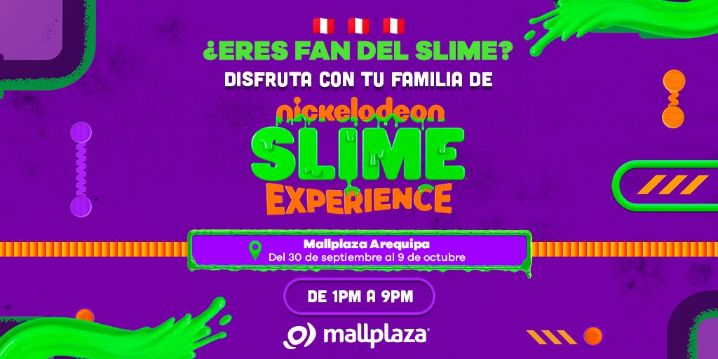 Si eres fan del slime, ¡Esto es para ti! Vive la increíble experiencia con toda tu familia de #NickelodeonSlimeExperience en MallPlaza Arequipa 🇵🇪 a partir del 30 de septiembre 💚 <a href="/Mallplazaperu/">Mallplaza Perú 🇵🇪</a>  
⏰De 1PM a 9PM