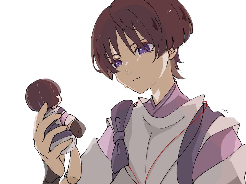 scaramouche (genshin impact) doll 1boy purple eyes male focus holding doll purple shirt bangs  illustration images