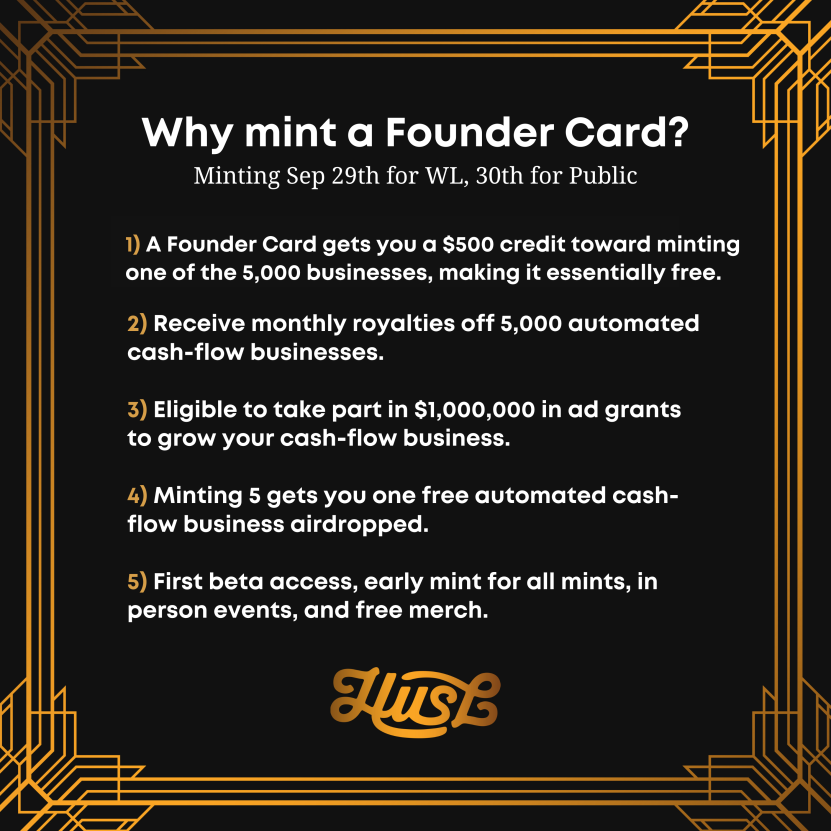 husldaily's tweet image. 🎉 WL Mint LIVE 🥳

Mint a Founder Card now and get a chance to win $10,000! 

1⃣Get access to @huslnfts - bridging web2 businesses to web3. 
2⃣Gain Access to Husl Community Exclusive Channels
3⃣Claim your HUSL Hoodie or T-shirt
✅Join the Discord for more discord.gg/huslnft