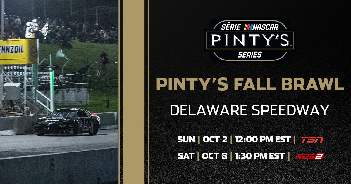 NASCARCanada_'s tweet photo. BROADCAST ALERT 📺

Set your alarms and get ready to watch the final race of the year… 
The #PintysFallBrawl on @TSN_Sports this weekend‼️

🗓️: Sunday, October 2, 2022
⏰: 12:00 p.m. ET

#NASCARPintys | @DelawareSpdway https://t.co/1hRpxDSDeQ