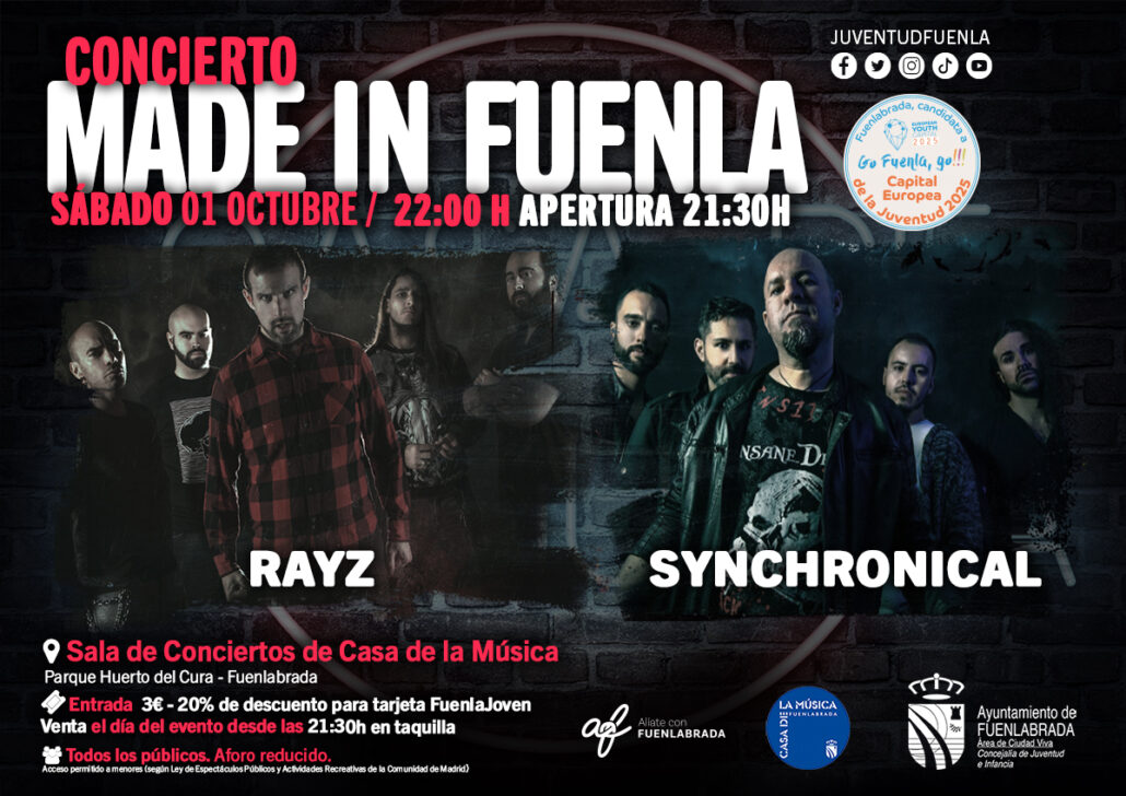 AytoFuenlabrada's tweet photo. Concierto #MadeInFuenla de Rayz + Synchronical
📆 Sábado 1 de octubre.
🕗 22:00 horas.
🎫 Entradas disponibles el día del evento desde las 21:30 h en taquilla. 3 euros // 20% de descuento con tarjeta FuenlaJoven.
🏪 Casa de la Música (Parque Huerto del Cura) https://t.co/Y2ctIEhgQD