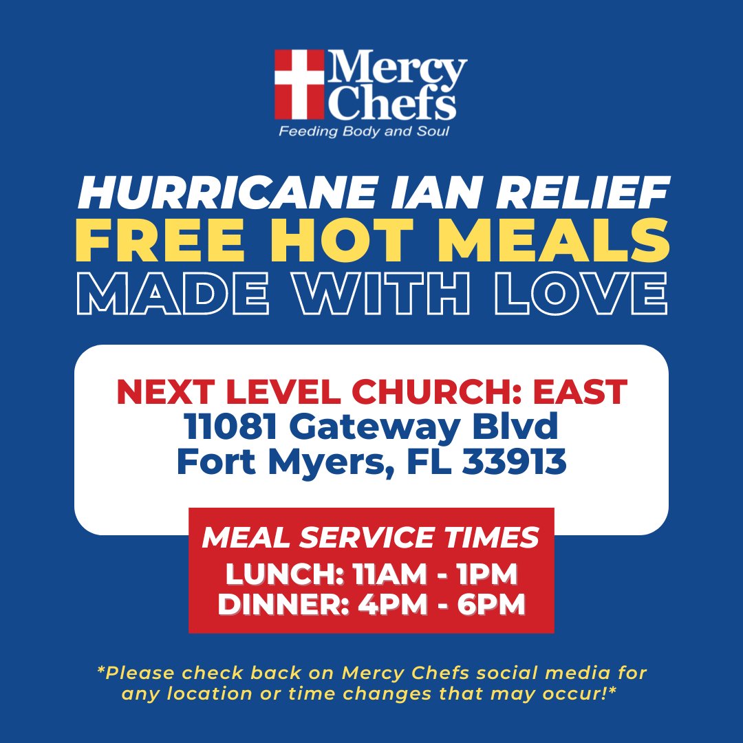 MercyChefs's tweet photo. #MercyChefs is currently at @nextlevelswfl East Campus. Today (Friday) we will serve lunch closer to 12 pm, but our goal is to serve #HotMeals 11-1pm and 4-6pm every day for as long as we need to. Please share! #FreeFood #FtMyers #Florida #HurricaneIan https://t.co/vF8O25ZBkv