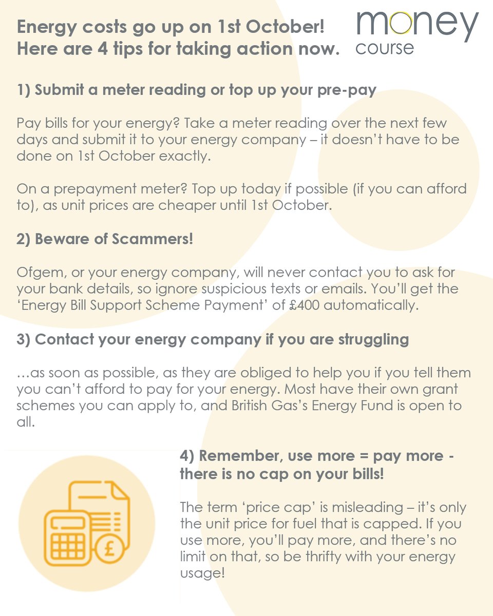 With energy costs increasing tomorrow, we have pulled together 4 things that you can do now. 

You can also find out more tips and information via the link below ⬇️

themoneycourse.org/money-tip/ener…

#Money101 #EnergyPrices #CostOfLivingCrisis