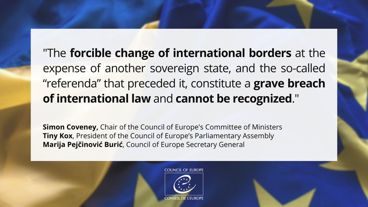 “The Council of Europe strongly condemns the decision of the Russian Federation to proceed with the illegal annexation of territories it currently occupies in Ukraine."

Full statement of #CoE leaders: <a href="/MarijaPBuric/">Marija Pejčinović Burić</a> <a href="/PACE_President/">Theodoros Rousopoulos</a> <a href="/simoncoveney/">Simon Coveney</a> ⬇️

🔗 coe.int/en/web/portal/…