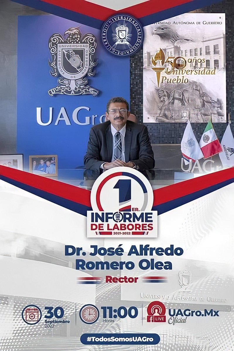 A un año de la toma de protesta del Dr. José Alfredo Romero Olea como Rector de la #UAGro, el día de hoy rendirá su primer informe de labores ante el Honorable Consejo Universitario. 

#OrgullosamenteUAGro
#TodosSomosUAGro