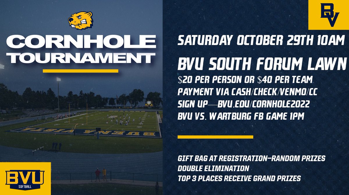 BVUSoftball's tweet photo. 🔶Calling All #BeaverNation🔶

Students, friends, parents, tailgaters, staff/faculty, EVERYONE come join us prior to BV’s last home FB game! All early registrants get goodies just for signing up, plus some great prizes throughout &amp; Grand Prizes for top 3!

https://t.co/Tz3Fx5jqni https://t.co/IhTNTrefmy