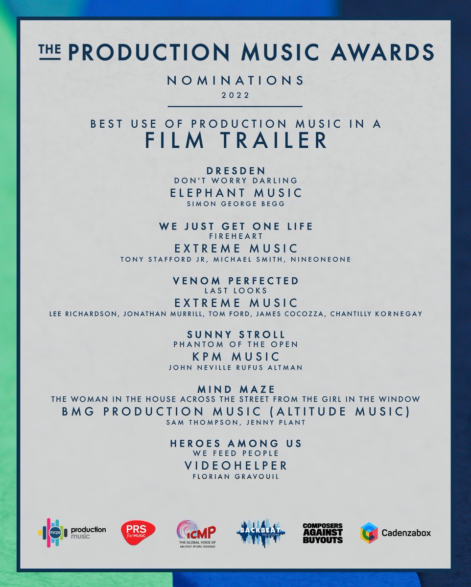 One of our favourite categories, and always super competitive! Massive CONGRATULATIONS to all our FILM TRAILER nominees!

<a href="/ElephantMusic_/">Elephant Music</a> // <a href="/ExtremeMusic/">Extreme Music</a> // <a href="/wearekpm/">KPM Music</a> // <a href="/BMGPM_UK/">BMG Production Music</a> // <a href="/VideoHelper/">VideoHelper Music + Sound</a>

#pmawards #productionmusic productionmusicawards.com/nominations-20…