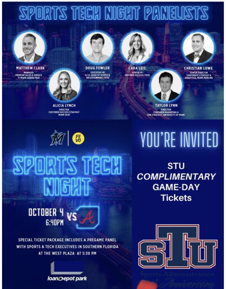 Terrific opportunity for <a href="/STUSPOAD/">@STUSPOAD</a> majors … free tickets and transportation from <a href="/StThomasUniv/">St. Thomas University</a> campus to see <a href="/Marlins/">Miami Marlins</a> play the <a href="/Braves/">Atlanta Braves</a> and attend a Sports Tech panel discussion. Bus will fill up quickly - sign up today forms.office.com/pages/response…