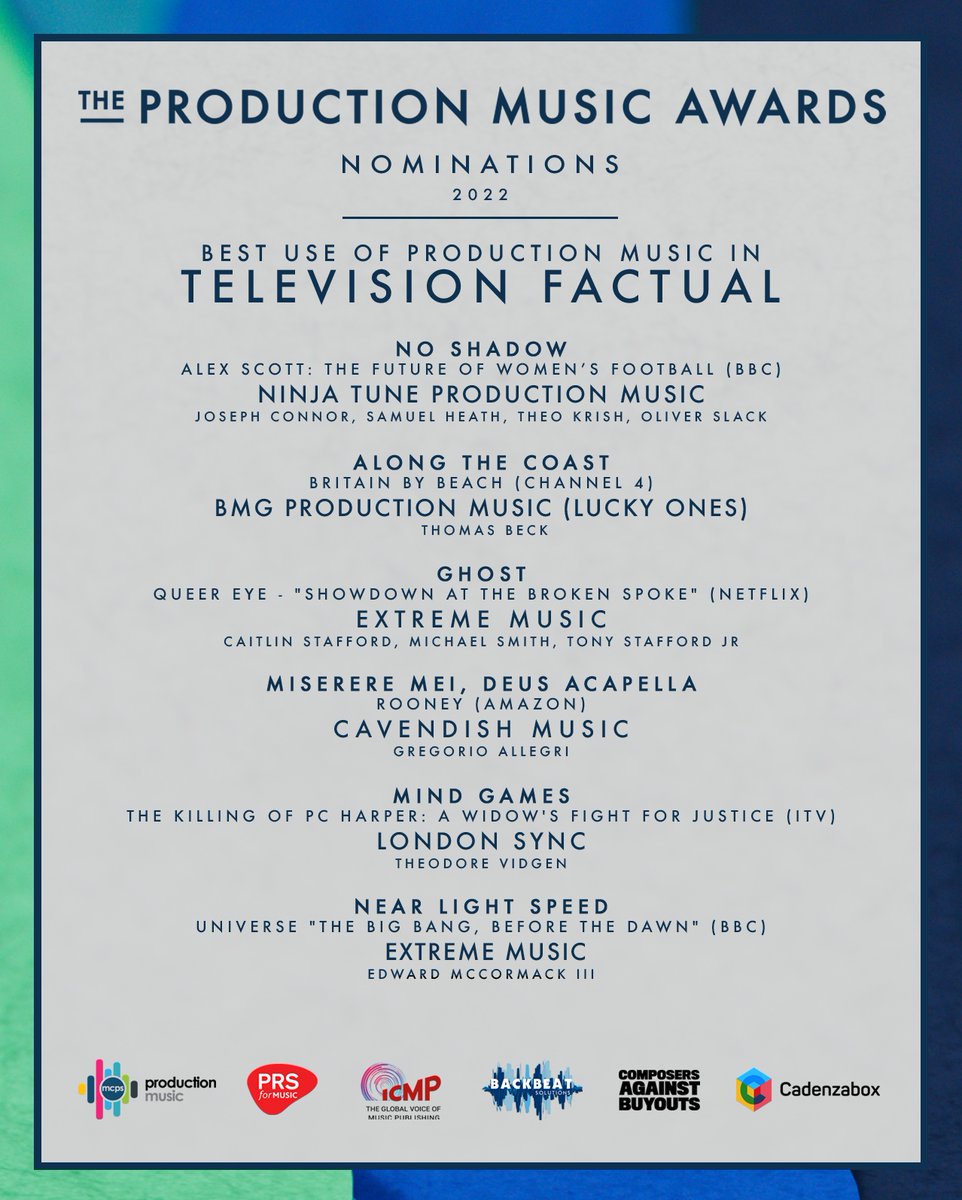CONGRATULATIONS to all the TELEVISION FACTUAL nominees!!

<a href="/NT__PM/">Ninja Tune Production Music</a> // <a href="/BMGPM_UK/">BMG Production Music</a> // <a href="/ExtremeMusic/">Extreme Music</a> // <a href="/cavendish_HQ/">Cavendish Music</a> // <a href="/londonsyncmusic/">London Sync</a>

#pmawards #productionmusic productionmusicawards.com/nominations-20…