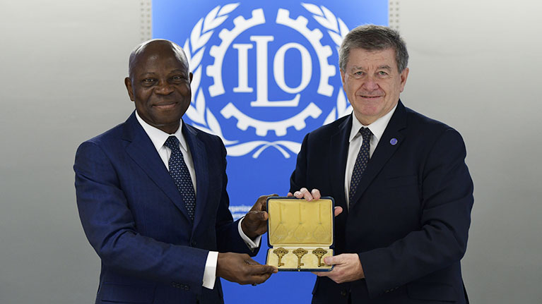 GilbertFHoungbo's tweet photo. It is a proud, yet humbling experience to receive the three @ILO keys as Director-General-elect.

I am deeply conscious of the enormity of the challenges of the present context.

Only through global action, and with tripartite determination can social justice and peace prevail. https://t.co/5pRXTdcIAH