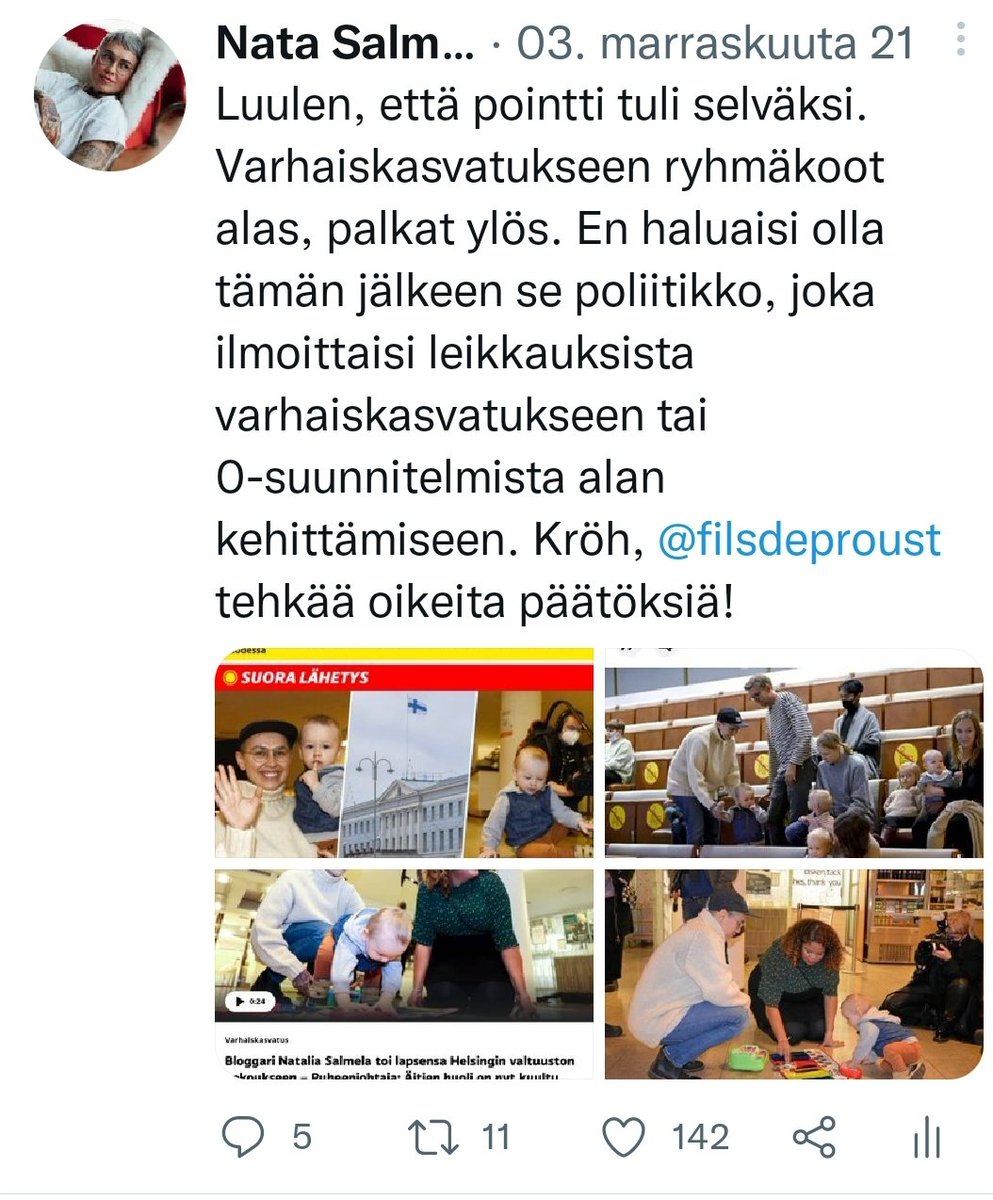 Nata Salmela (@nataliasalmela) on Twitter photo Kun 2 veen selkÀÀn teipataan pÀivÀkodissa nimi, niin tietÀÀ ettÀ vuosi sitten miekkarin jÀlkimainingeissa luvatut 500e/lapsi korotukset pÀivÀhoitoon oli pelkkiÀ korulauseita. Relaa viikkistÀ hei! <a href="/filsdeproust/">juhana vartiainen</a> <a href="/Dansazo/">Daniel Sazonov</a> <a href="/NasimaRazmyar/">Nasima Razmyar</a> <a href="/AnniSinnemaki/">Anni SinnemÀki</a> <a href="/paavoarhinmaki/">Paavo ArhinmÀki</a> @fatimdiarra Kun 2 veen selkÀÀn teipataan pÀivÀkodissa nimi, niin tietÀÀ ettÀ vuosi sitten miekkarin jÀlkimainingeissa luvatut 500e/lapsi korotukset pÀivÀhoitoon oli pelkkiÀ korulauseita. Relaa viikkistÀ hei! <a href="/filsdeproust/">juhana vartiainen</a> <a href="/Dansazo/">Daniel Sazonov</a> <a href="/NasimaRazmyar/">Nasima Razmyar</a> <a href="/AnniSinnemaki/">Anni SinnemÀki</a> <a href="/paavoarhinmaki/">Paavo ArhinmÀki</a> @fatimdiarra