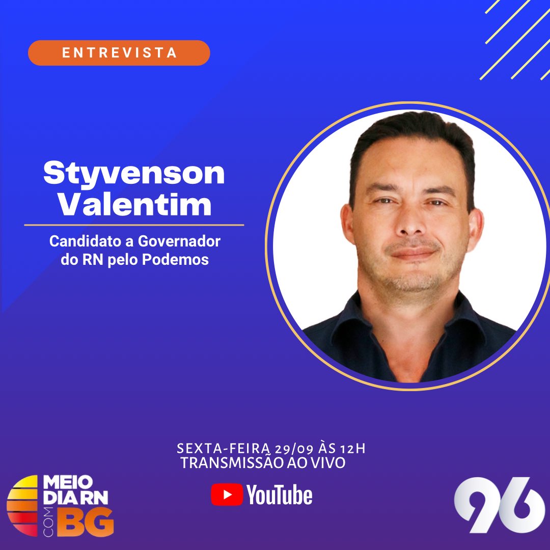 O entrevistado de hoje, será Styvenson Valentim, candidato a Governador pelo Podemos. 

▶️ Participe do programa através do WhatsApp do Meio-Dia RN: +55 84 99212-2276. 

Acompanhe o Meio-Dia RN no canal da 96 FM no YouTube ▶️ youtube.com/96fmnatal