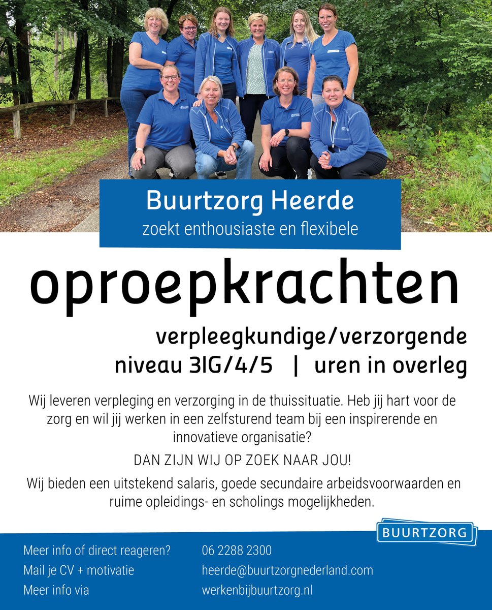 #Buurtzorg #Heerde zoekt #enthousiaste #OPROEPKRACHTEN #verpleegkundige / #verzorgende #ureninoverleg. Heb jij #hartvoordezorg? Meer info via werkenbijbuurtzorg.nl