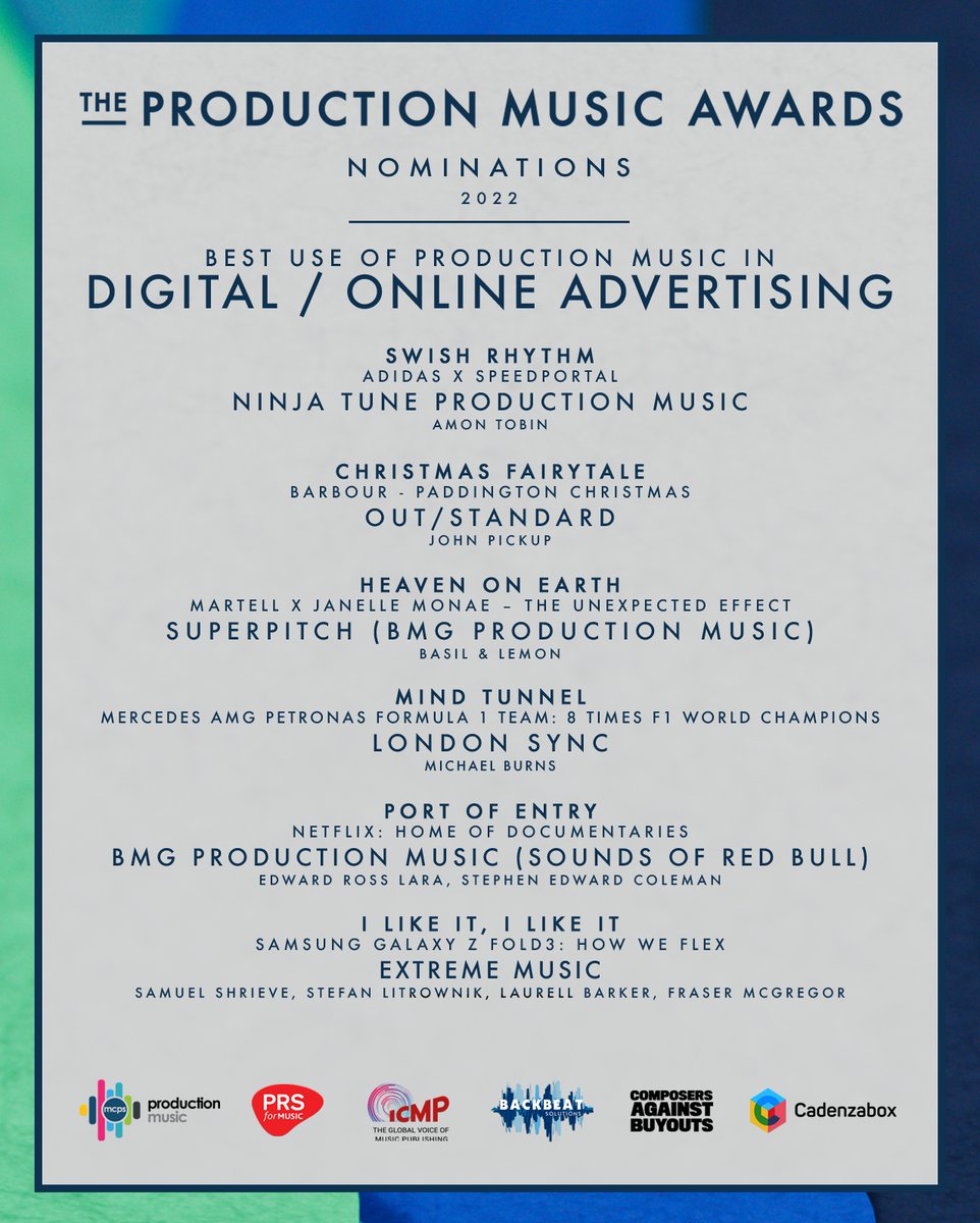 Best use of Production Music in DIGITAL / ONLINE ADVERTISING:

<a href="/NT__PM/">Ninja Tune Production Music</a> // <a href="/OffclOutStndrd/">OUT/STANDARD</a> // SuperPitch // <a href="/londonsyncmusic/">London Sync</a> // <a href="/BMGPM_UK/">BMG Production Music</a> // <a href="/ExtremeMusic/">Extreme Music</a>

#pmawards #productionmusic productionmusicawards.com/nominations-20…