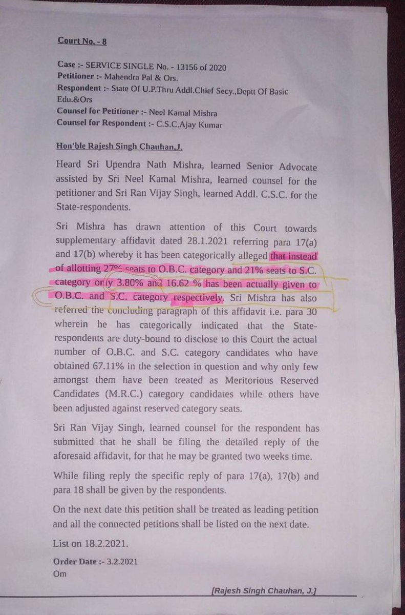 यह माननीय कोर्ट का आदेश है जिसमे साफ-साफ लिखा है कि 67.11 के नीचे  OBC को 27 और SC को 21 %  पूरा  मिलना चाहिए न कि 6800 का जुमला 
6800 सीट का जुमला फेंककर अभ्यर्थियों को आपस मे लड़ाने का कार्य किया है आपको गलत सूचना दी गई है
 @YaduTeam <a href="/ahmadtauseef01/">Tauseef Ahmad 🇮🇳توصیف احمد</a>
 <a href="/69k47710871/">69k</a>