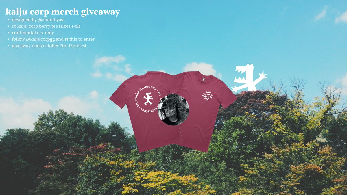 happy friday! surprise! merch giveaway!

one berry kaiju corp x <a href="/anarchyasf/">jaida</a> tee

follow us <a href="/kaijucorpgg/">kaiju corp</a> 
rt this
we'll pick a winner next week

conus only please (international shipping gets wonky...)
sizes: s-xl

#wemakemonsters

👺