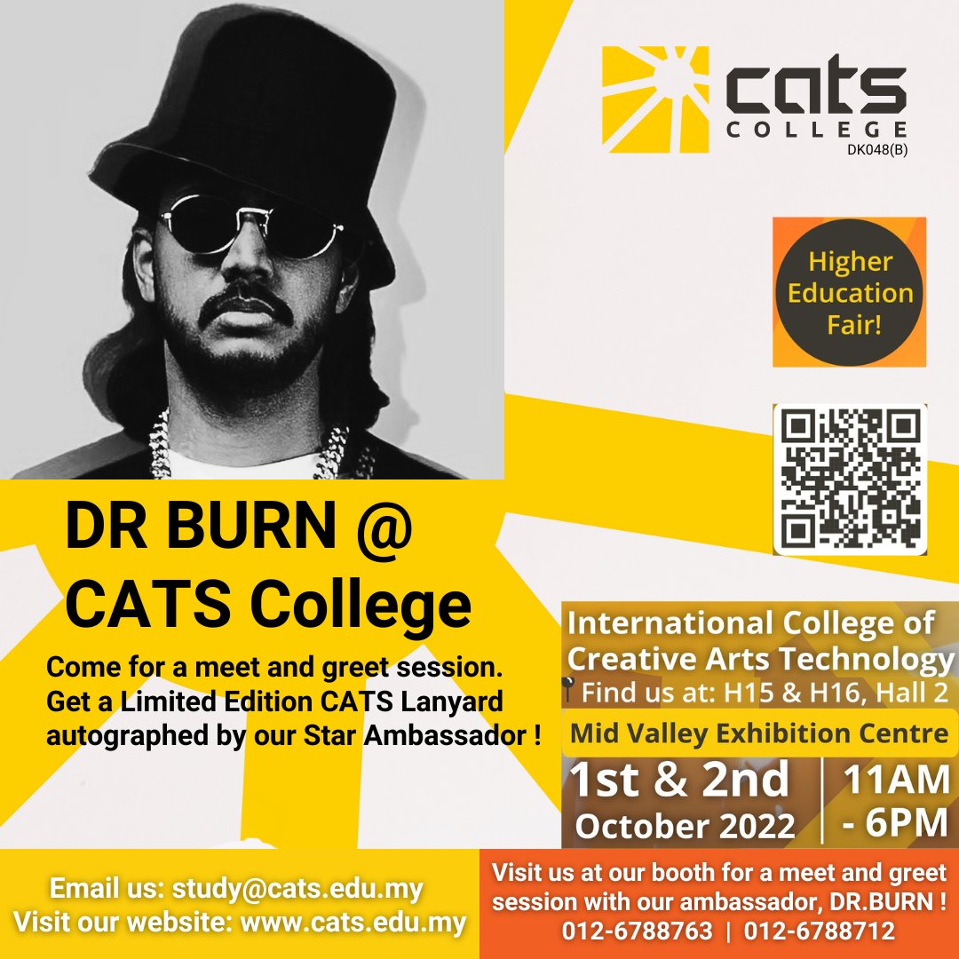 CATScollege's tweet photo. Come find out how our Diploma in Audio Production will ignite the artistic spark in you. Get ready for the start of your music success. Limited Edition CATS Lanyard autographed by DR.BURN !

#DrBurn #CATScollege #internationalcollege #malaysianartist #highereducationfair https://t.co/j0BHl4pOLy