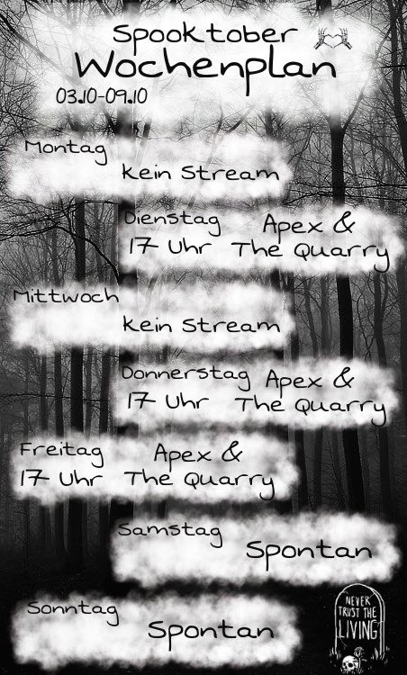 Der Spooktober beginnt! Freut euch auf ganz viel Horror, grusel und lustigen Horror 👻 versuche wärend allen Horrorspielen die Cam anzuhaben, natürlich zur Schadenfreude, nur für euch! 🎃 Twitch.tv/Leo_Paw