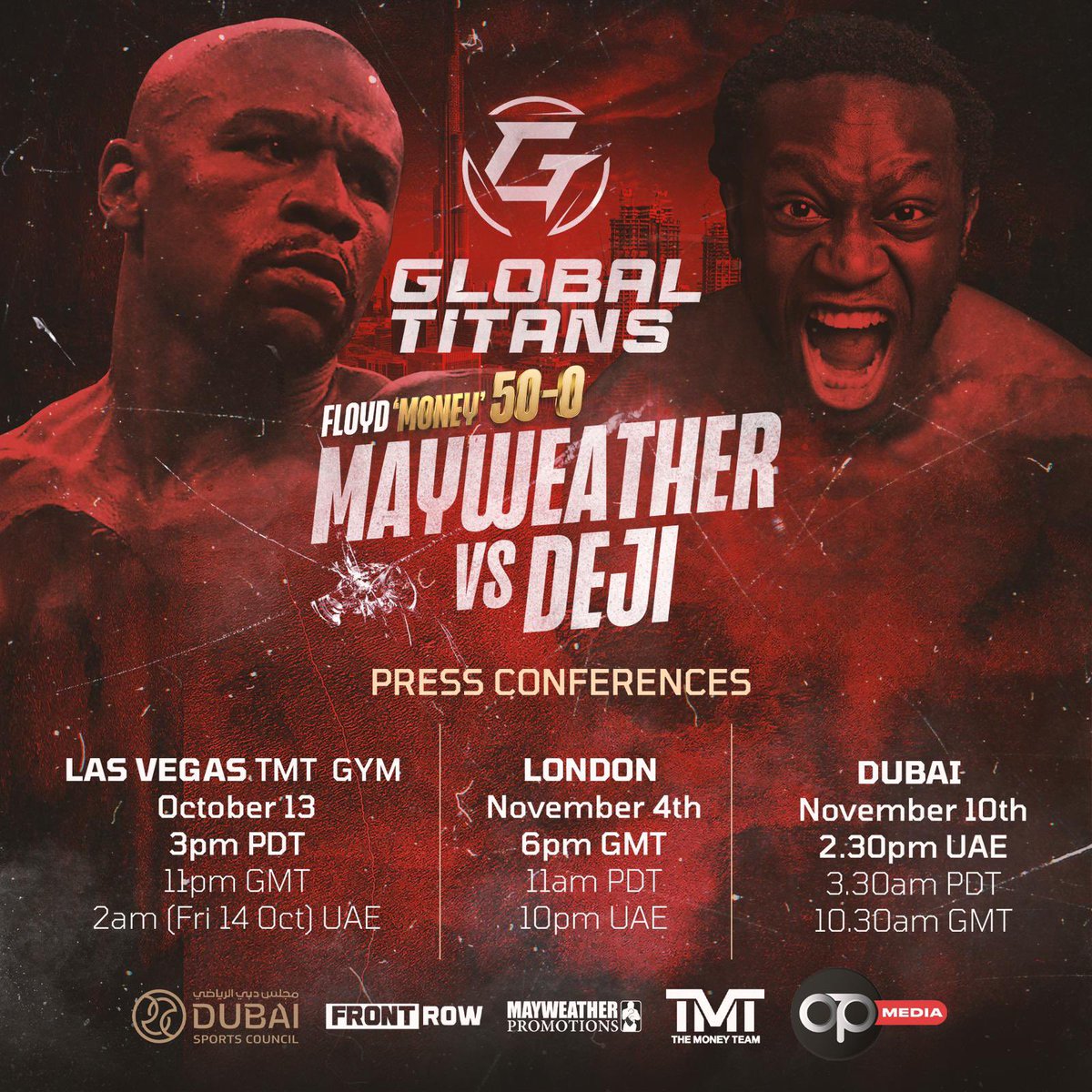Face to Face for the first time @GlobalTitansFS 😈 #MayweatherDeji press conference details. Open to the public! 🔥 🇺🇸 Las Vegas - October 13 🇬🇧 London - November 4 🇦🇪 Dubai - November 10 instagram.com/p/CjIlfIuqGbq/…